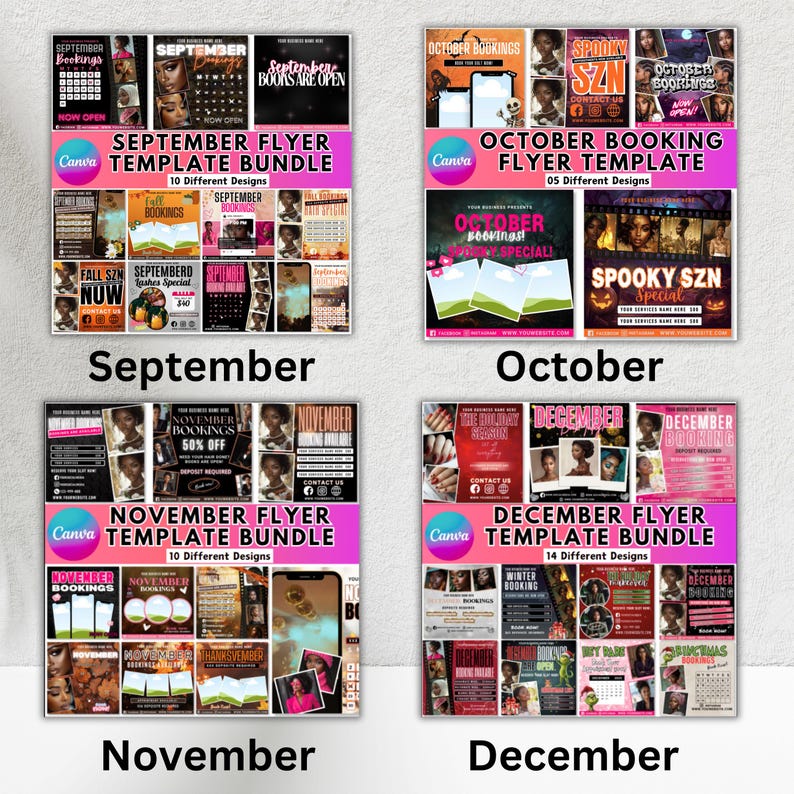 May include: A set of Canva flyer templates for September, October, November, and December. Each month's bundle includes multiple designs with text such as "Bookings" and "Special". The templates are in pink, black, and white.