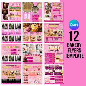 May include: A collection of 12 pink bakery flyer templates with various designs. Each flyer features images of cakes, cupcakes, and other baked goods, along with text such as "Sweet Treats" and pricing information. The Canva logo is visible.