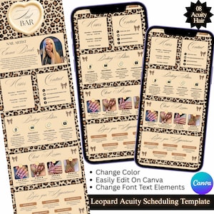 Puede incluir: Una plantilla de programación digital para un salón de uñas con un fondo de estampado de leopardo. El diseño incluye secciones para horarios, información de contacto, políticas de reserva, reseñas de clientes y consejos de preparación.