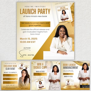 May include: A promotional graphic for Sara Mirza's book launch party. The design features a woman in a white blazer, the book cover, and event details. The text includes "Launch Party," date, time, and "Unlock Your Potential."
