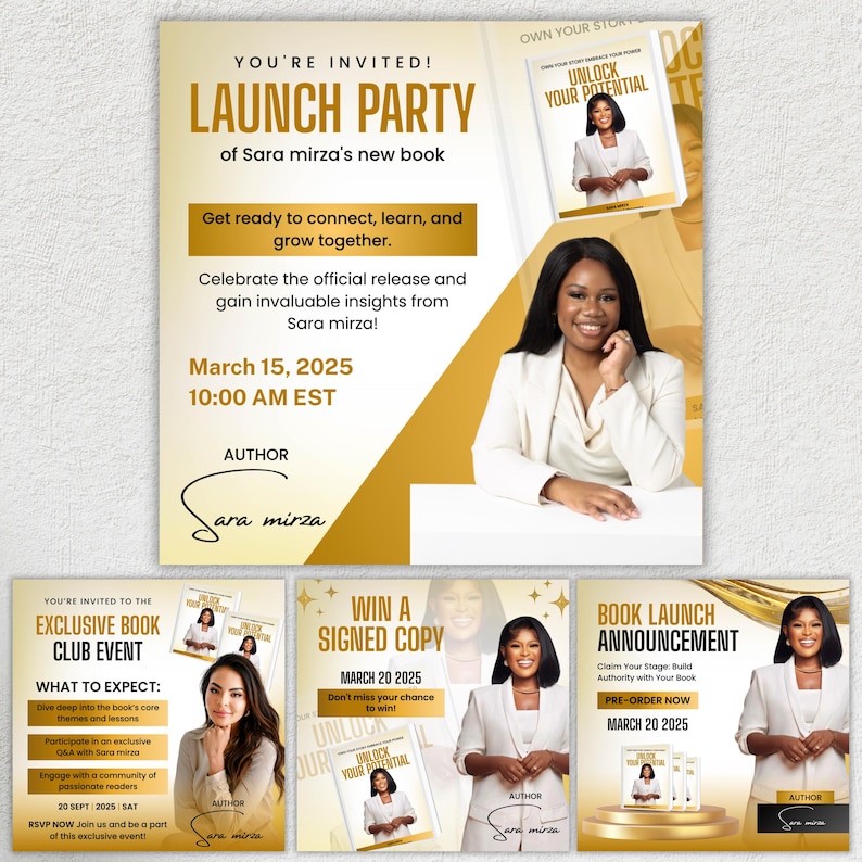 May include: A promotional graphic for Sara Mirza's book launch party. The design features a woman in a white blazer, the book cover, and event details. The text includes "Launch Party," date, time, and "Unlock Your Potential."