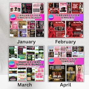 May include: A set of Canva flyer templates for January, February, March, and April. Each month displays various designs with text such as "January Flyer Template Bundle" and "March Flyers Template Bundle". The designs incorporate images and text.