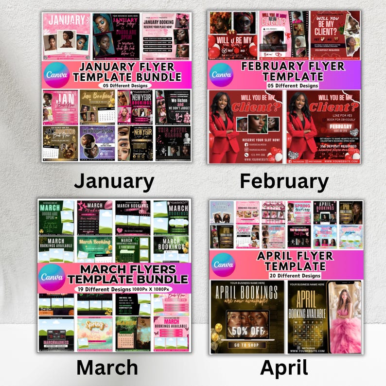 May include: A set of Canva flyer templates for January, February, March, and April. Each month displays various designs with text such as "January Flyer Template Bundle" and "March Flyers Template Bundle". The designs incorporate images and text.