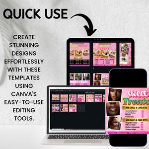 May include: A laptop, tablet, and smartphone display pink Canva templates for "Sweet Treats" bakery designs. The text reads "Quick Use, Create Stunning Designs Effortlessly with These Templates Using Canva's Easy-to-Use Editing Tools."