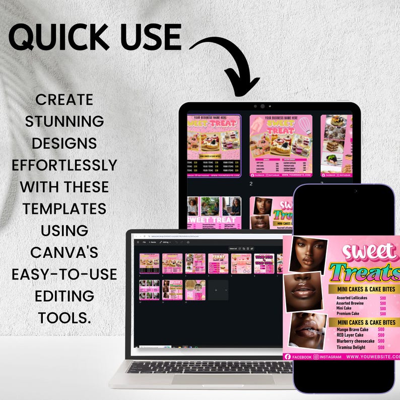 May include: A laptop, tablet, and smartphone display pink Canva templates for "Sweet Treats" bakery designs. The text reads "Quick Use, Create Stunning Designs Effortlessly with These Templates Using Canva's Easy-to-Use Editing Tools."