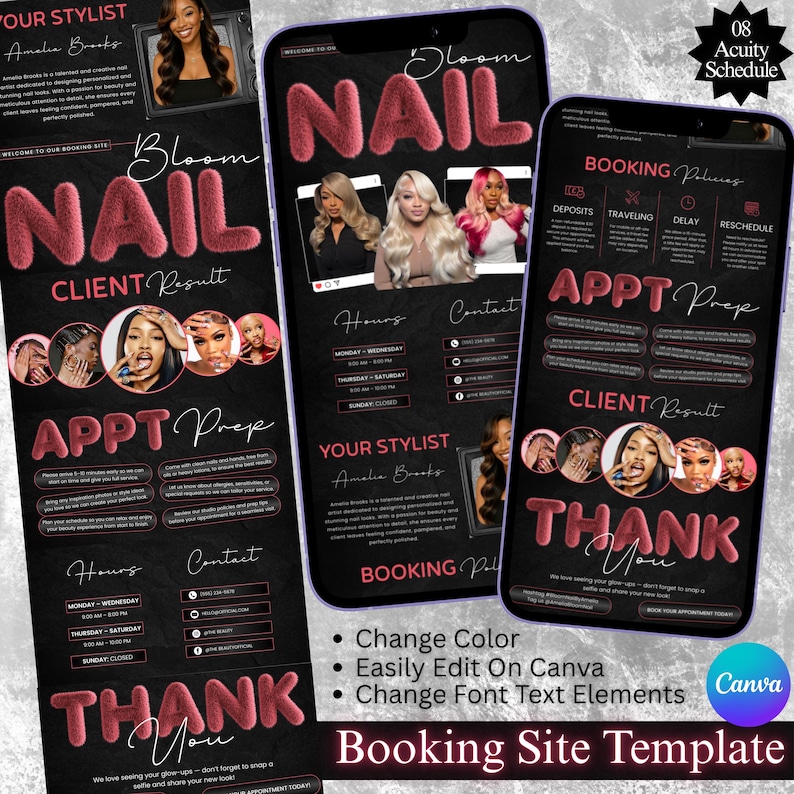 May include: A black Booking Site Template design with pink text and images of nail designs. The template includes sections for booking policies, appointment preparation, and client results. The text includes "Bloom Nail" and "Thank You."