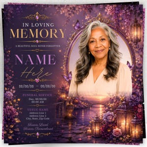 May include: A memorial funeral program template featuring a portrait of a person with long gray hair, framed by purple flowers, butterflies, and lanterns. Text includes IN LOVING MEMORY, A BEAUTIFUL SOUL NEVER FORGOTTEN, NAME Here, and placeholders.