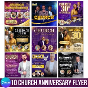 May include: A collection of ten church event flyers with various designs. The flyers feature text such as "Church Conference" and "Church Anniversary", with dates, times, and speaker information. The flyers are purple, gold, and blue.