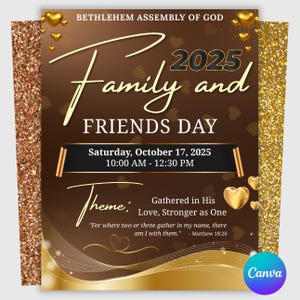 May include: A promotional flyer for the Bethlehem Assembly of God's Family and Friends Day in 2025. The design features a brown and gold color scheme with the text "Family and Friends Day" in a stylized font. The event details are included.