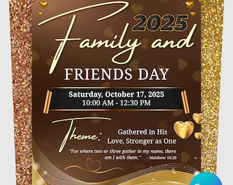 Puede incluir: Un folleto promocional para el Día de la Familia y Amigos de la Asamblea de Dios de Belén en 2025. El diseño presenta un esquema de color marrón y dorado con el texto "Family and Friends Day" en una fuente estilizada. Se incluyen los detalles del evento.