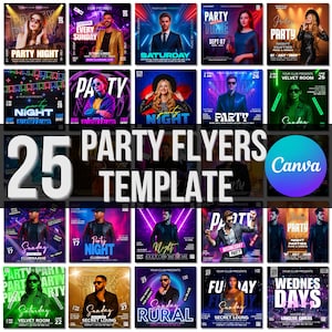 Pode incluir: Uma coleção de 25 modelos de folhetos de festa com vários designs. Cada folheto apresenta imagens de pessoas, texto e cores vibrantes. Os modelos são projetados para eventos e promoções de vida noturna.