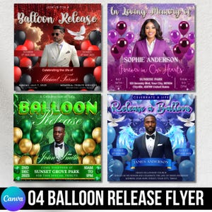 May include: Four colorful flyers for a balloon release event. Each flyer features a portrait of a person, balloons, and event details. The flyers are for Michael Turner, Sophie Anderson, John Smith, and James Anderson. The flyers have a Canva watermark.