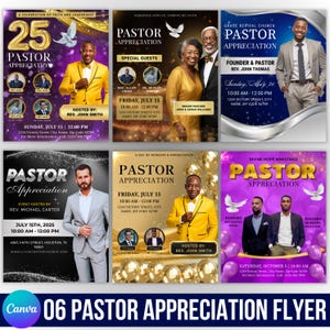 May include: A collection of six flyers for Pastor Appreciation events. Each flyer features images of pastors, event details, and the text "Pastor Appreciation." The flyers use a variety of color schemes, including gold, purple, and blue, with decorative elements.