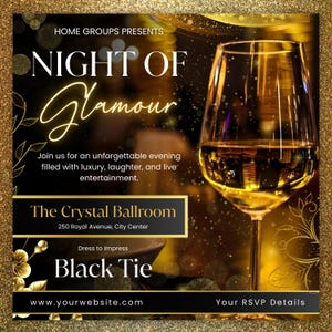 Pu&ograve; includere: Un invito per un evento "Night of Glamour", con un bicchiere di vino pieno di un liquido dorato. Il design include dettagli dorati, motivi floreali e il testo "Black Tie". L'evento si tiene al Crystal Ballroom.