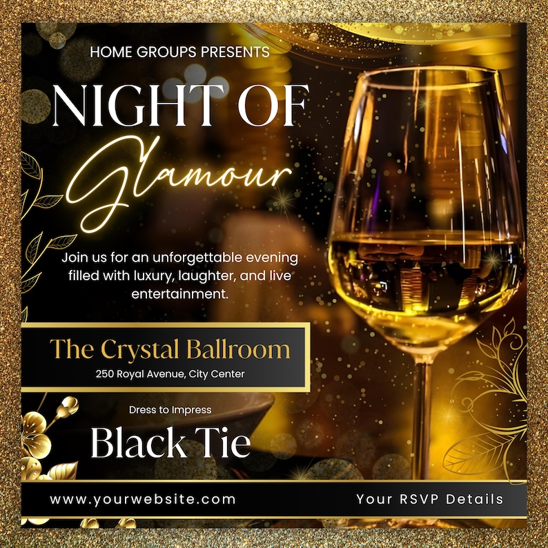 Pu&ograve; includere: Un invito per un evento "Night of Glamour", con un bicchiere di vino pieno di un liquido dorato. Il design include dettagli dorati, motivi floreali e il testo "Black Tie". L'evento si tiene al Crystal Ballroom.