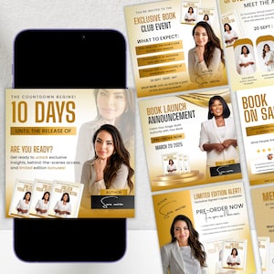 May include: A smartphone displays promotional materials for an author's book launch and exclusive events. The design features gold and white accents with the author's image and text like "10 DAYS UNTIL THE RELEASE OF". The promotional materials include the text "PRE-ORDER NOW".