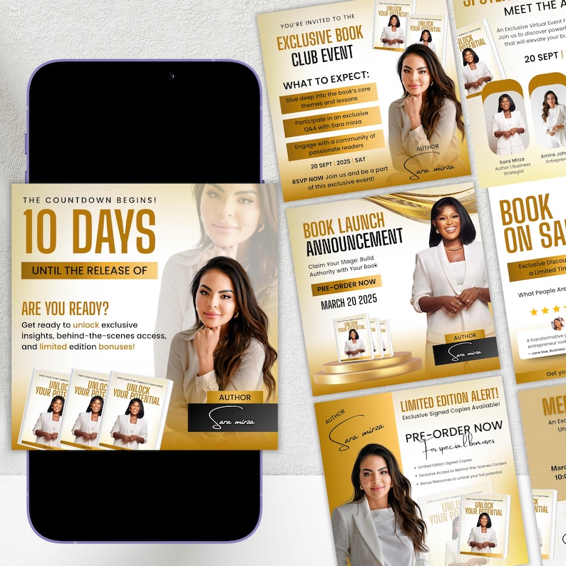May include: A smartphone displays promotional materials for an author's book launch and exclusive events. The design features gold and white accents with the author's image and text like "10 DAYS UNTIL THE RELEASE OF". The promotional materials include the text "PRE-ORDER NOW".