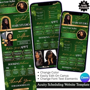 May include: Acuity Scheduling website template for a hair studio. The design features a dark green background with gold accents. The template includes sections for booking policies, contact information, and a stylist's introduction.