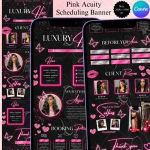 Könnte beinhalten: Ein schwarzes und pinkfarbenes digitales Banner für einen Friseursalon mit dem Text "Luxury Hair" und "Pink Acuity Scheduling Banner". Das Design umfasst Bilder von Frisuren, Schmetterlingen, Herzen und den Text "Client Reviews".