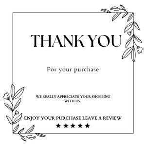 Pu&ograve; includere: Grafica in bianco e nero con le parole "THANK YOU" in grassetto. Il testo "For your purchase" &egrave; in basso, seguito da "WE REALLY APPRECIATE YOUR SHOPPING WITH US." e "ENJOY YOUR PURCHASE LEAVE A REVIEW."