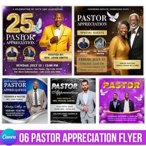 May include: A collection of six Pastor Appreciation flyers. Each flyer features images of pastors, event details, and the words "Pastor Appreciation." The flyers have purple, gold, and white color schemes, with doves and balloons.