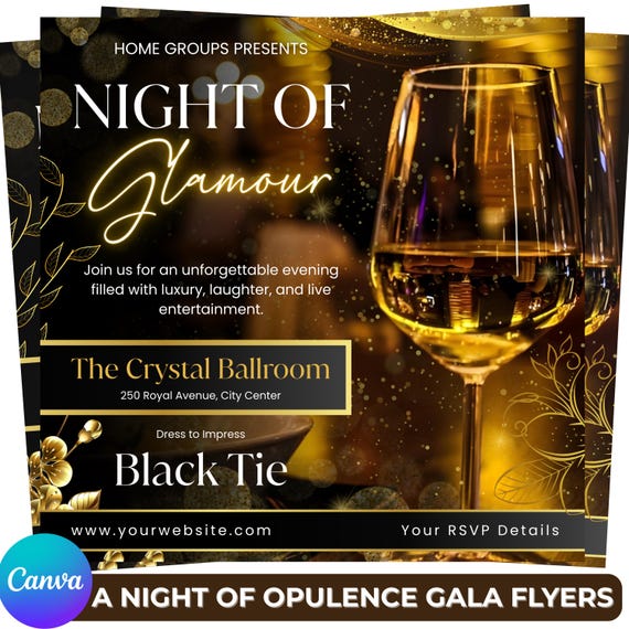 Luxury Gala Night Flyer Template | Opulence Event Invitation | Elegant Wine Dinner Party Flyer | Red Gold Canva Editable | Digital Download