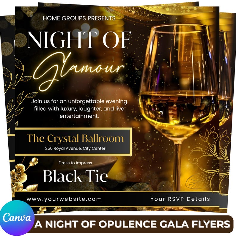 Pu&ograve; includere: Volantino promozionale per un evento di gala. Il design presenta uno schema di colori dorati con un calice di vino in primo piano. Il testo include "Night of Glamour", "Black Tie" e i dettagli dell'evento. Il volantino &egrave; progettato per promuovere una serata di lusso e divertimento.