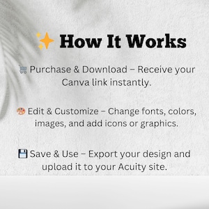 Puede incluir: Fondo blanco con el texto "How It Works" en negrita negra, con un gr&aacute;fico de estrella dorada. El texto describe los pasos: Comprar y descargar, Editar y personalizar, y Guardar y usar. El texto va acompa&ntilde;ado de peque&ntilde;os iconos.