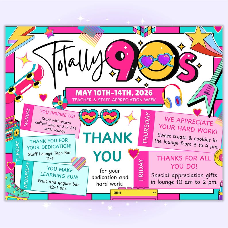80s 90s Teacher Appreciation Week Itinerary Template | Retro Staff ...