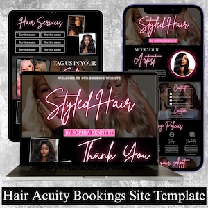 Puede incluir: Plantilla digital para un sitio web de reservas de peluquer&iacute;a, que se muestra en un port&aacute;til, una tableta y un smartphone. El dise&ntilde;o presenta un letrero de ne&oacute;n rosa que dice "Styled Hair" e incluye secciones para servicios, informaci&oacute;n del artista y datos de contacto.