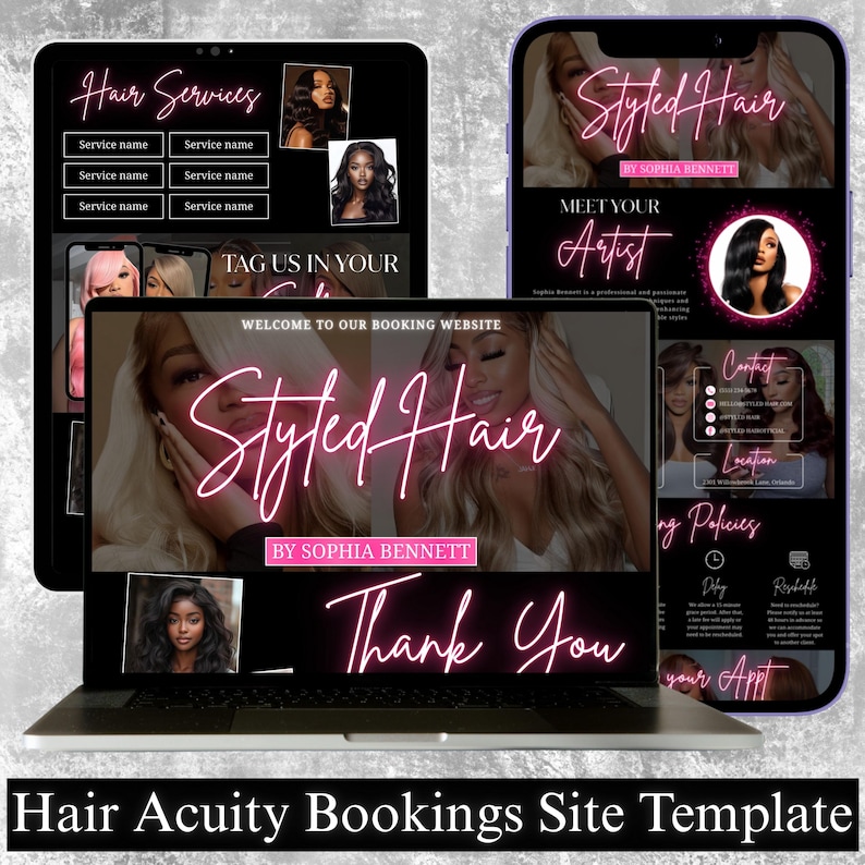 Puede incluir: Plantilla digital para un sitio web de reservas de peluquer&iacute;a, que se muestra en un port&aacute;til, una tableta y un smartphone. El dise&ntilde;o presenta un letrero de ne&oacute;n rosa que dice "Styled Hair" e incluye secciones para servicios, informaci&oacute;n del artista y datos de contacto.