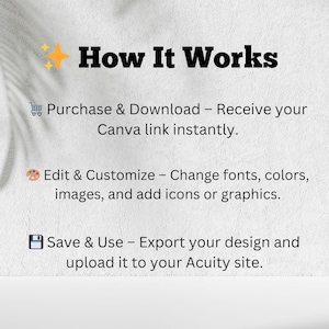May include: A white background with the title "How It Works" in black. The steps are: Purchase & Download, Edit & Customise, and Save & Use. Each step has a brief description and an icon. The text is in a clear, easy-to-read font.