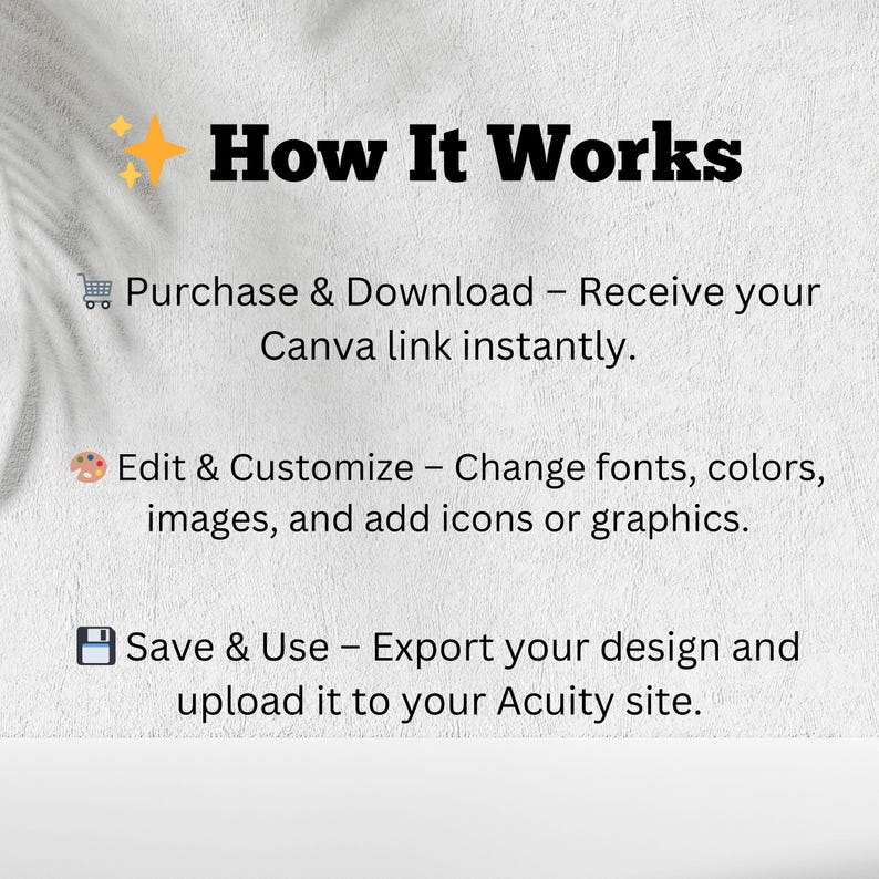 May include: A white background with the title "How It Works" in black. The steps are: Purchase & Download, Edit & Customise, and Save & Use. Each step has a brief description and an icon. The text is in a clear, easy-to-read font.
