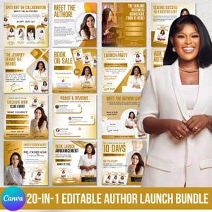 Könnte beinhalten: Eine Sammlung von Werbematerialien in Gold und Weiß, darunter Flyer und Poster. Texte wie "Meet the Author" und "Book Launch Announcement" sind enthalten. Das Canva-Logo ist sichtbar.