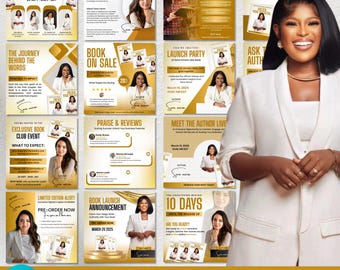 Gouden 20-in-1 bewerkbare auteurlanceringsbundel, aanpasbare canva-sjablonen, promographics boekpresentatie, auteurmarketing, bewerkbare sjabloon