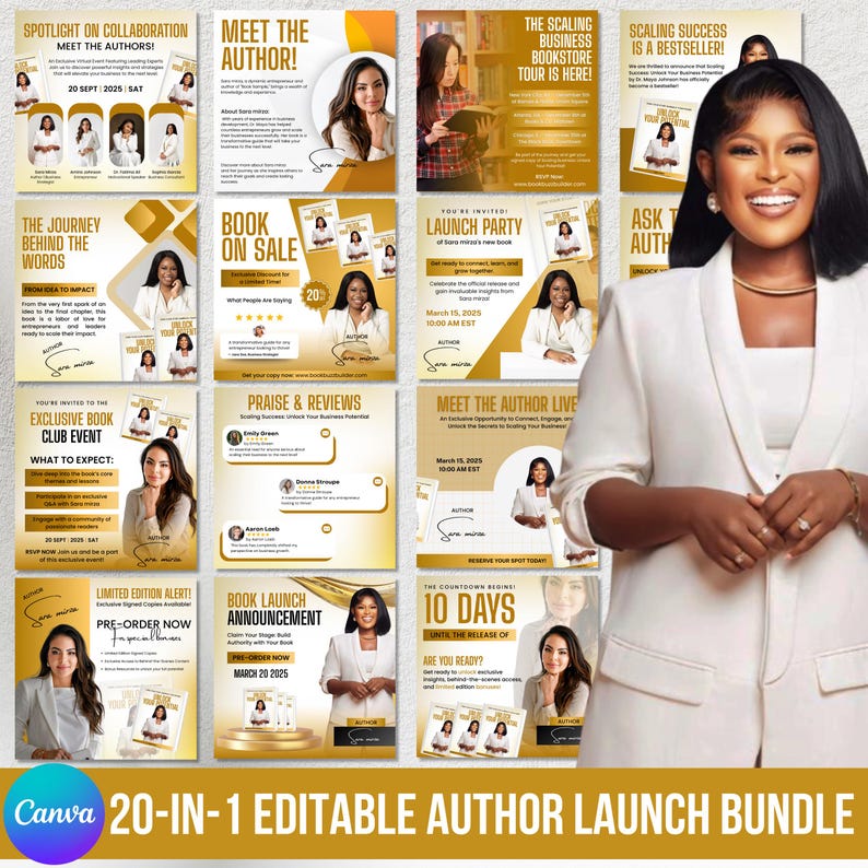 May include: A collection of promotional materials with a gold and white color scheme. The materials include flyers and posters with text such as "Meet the Author" and "Book Launch Announcement". The Canva logo is visible.