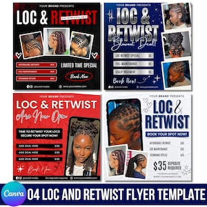 Puede incluir: Cuatro folletos promocionales para servicios de loc y retwist. Cada folleto presenta imágenes de diferentes estilos de loc, junto con información de precios y reservas. Los folletos son en tonos de azul, rojo y blanco, con el texto "Loc & Retwist" en un lugar destacado.