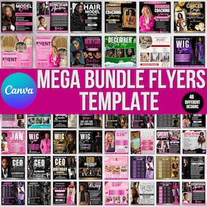 Könnte beinhalten: Eine Sammlung von 46 verschiedenen Flyer-Vorlagen in Pink, Schwarz und Weiß, mit verschiedenen Themen wie Business Coaching, Perücken-Salon und Hochzeitsveranstaltungen. Der Text "MEGA BUNDLE FLYERS TEMPLATE" ist prominent dargestellt.