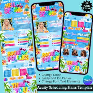 May include: Acuity Scheduling Hair Template displayed on three smartphones. The template features a colorful design with the words "Hello Spring" and "Booking Policies." The template includes a photo of a stylist and client reviews.