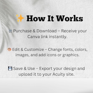 May include: White background with the text "How It Works" in bold black font. The steps are: Purchase & Download, Edit & Customize, and Save & Use. Each step has a brief description in black text.