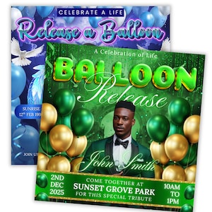 Puede incluir: Dos folletos para un evento de lanzamiento de globos. El primer folleto tiene un fondo azul con globos azules y el texto "Release a Balloon". El segundo folleto tiene un fondo verde con globos dorados y verdes, el texto "Balloon Release" y el nombre "John Smith".