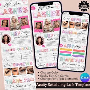 May include: Acuity Scheduling Lash Template design on a smartphone. The template features the text "Soft Glam Lashes" and "Hey Pretty! Olivia Harper." It includes client reviews, booking policies, and contact information. The design is in pink, purple, and white.
