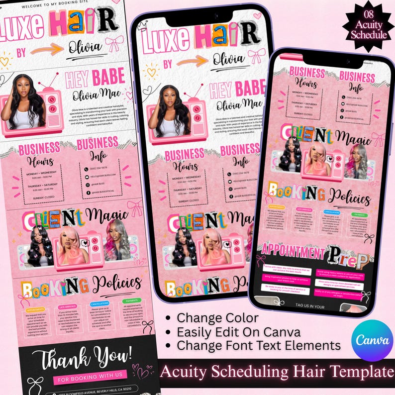 May include: Pink and white digital template for a hair salon, featuring the text "Luxe Hair by Olivia." The template includes sections for business hours, booking policies, and client information. The design is feminine and includes images of hairstyles.