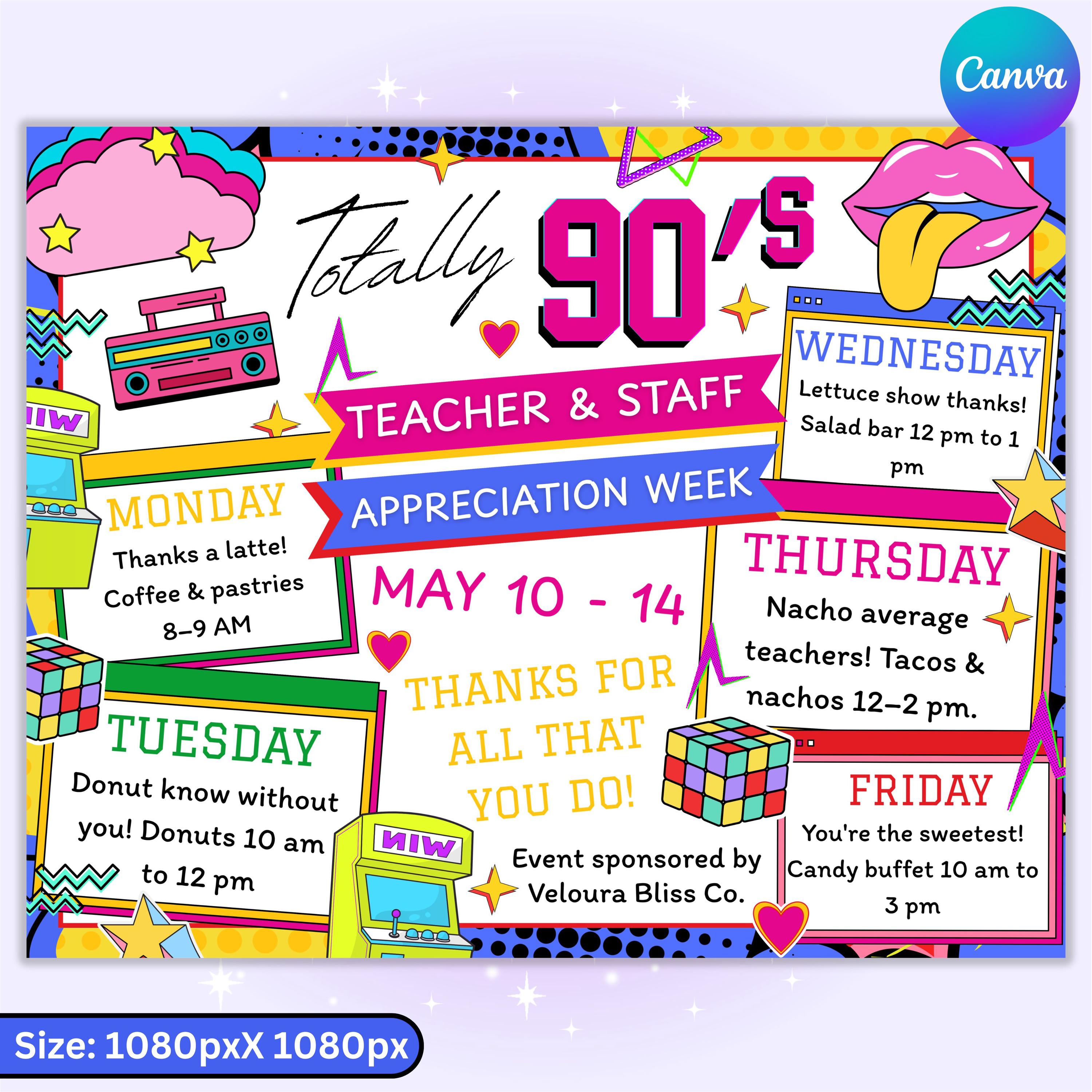 80s 90s Teacher Appreciation Week Itinerary Template | Retro Staff ...