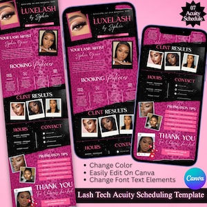 May include: A pink and black digital template for lash technicians, showcasing booking policies, client results, and contact information. The template includes the text "LUXELASH by Sophia" and "Lash Tech Acuity Scheduling Template."