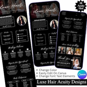 May include: A digital template for a hair salon booking page featuring a black background with white text. The layout includes sections for business hours, contact information, booking policies, service menus, and a gallery of hair styles.