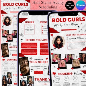 May include: A promotional graphic for "Bold Curls by Harper Wilson" hair styling services. The design features a red and white color scheme with images of hairstyles, contact information, booking policies, and the text "Tag us in your selfie!"