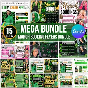 Puede incluir: Un conjunto de 15 folletos de reserva de marzo en verde, negro y blanco. Los folletos presentan imágenes de mujeres con varios peinados, texto que dice "March Bookings" y "Lucky Charm Special."