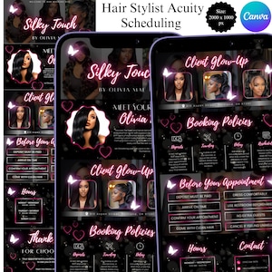 Puede incluir: Folleto digital para un estilista de cabello, con un fondo negro y acentos rosas. El folleto incluye el texto "Silky Touch" y "Meet Your Olivia". También contiene información sobre políticas de reserva y detalles de citas.