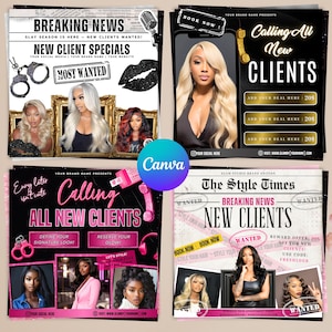 Può includere: Una grafica promozionale con il testo "Breaking News" e "New Client Specials". Presenta immagini di donne con capelli acconciati, manette e un segno di rossetto. La grafica include anche il testo "Calling All New Clients" e "The Style Times".